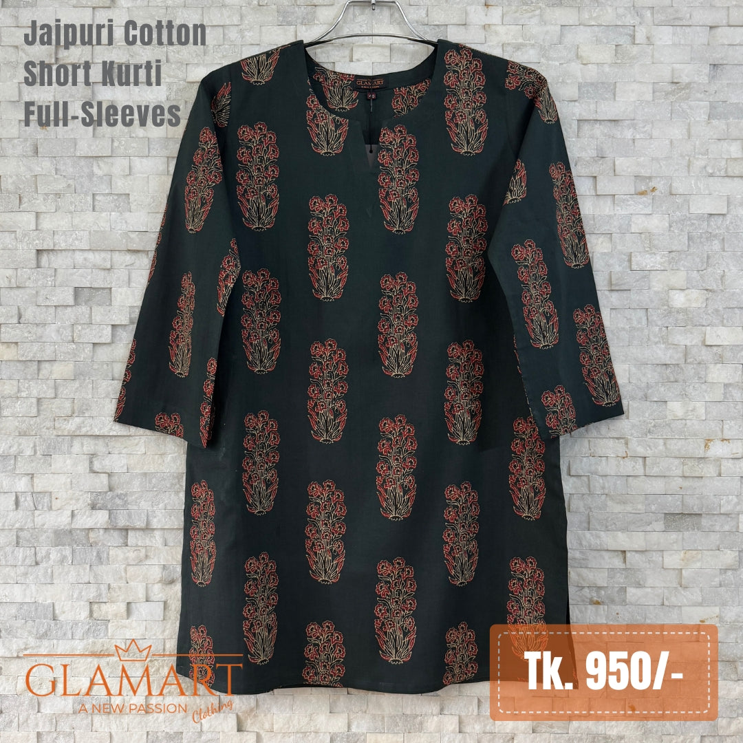 Jaipuri Cotton Short Kurti - Dark Bottle Green Boota