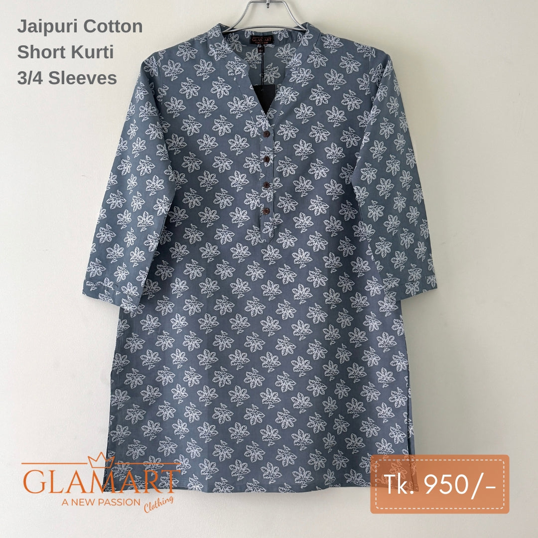 Jaipuri Cotton Short Kurti – Slate Blue Floral Block Print