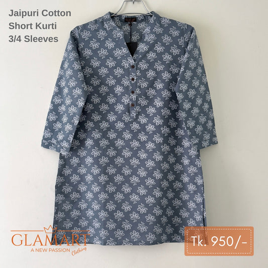 Jaipuri Cotton Short Kurti – Slate Blue Floral Block Print