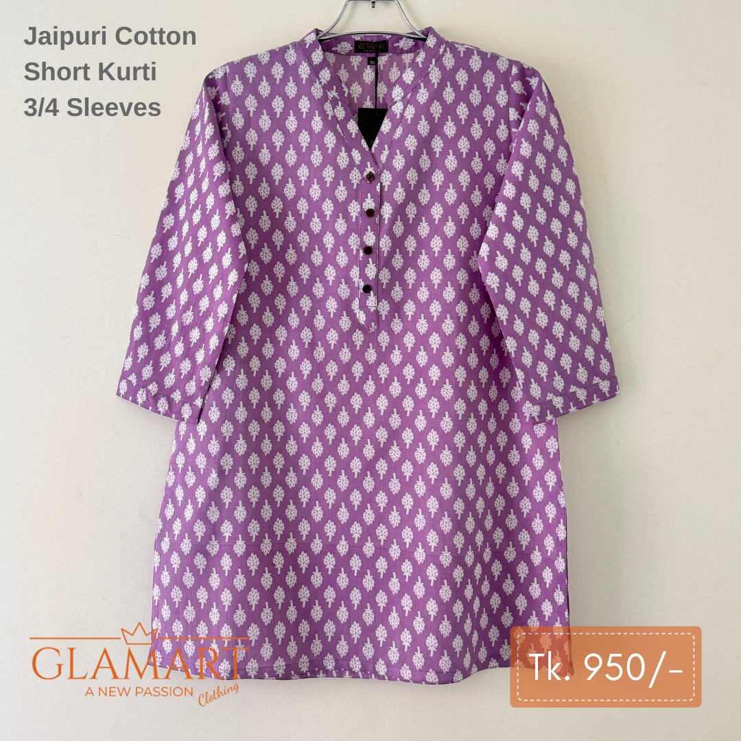 Jaipuri Cotton Short Kurti – Lavender Floral White Buta-Style Print
