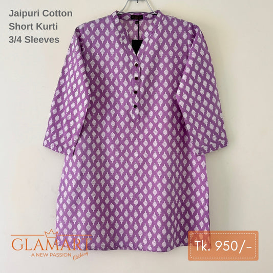 Jaipuri Cotton Short Kurti – Lavender Floral White Buta-Style Print
