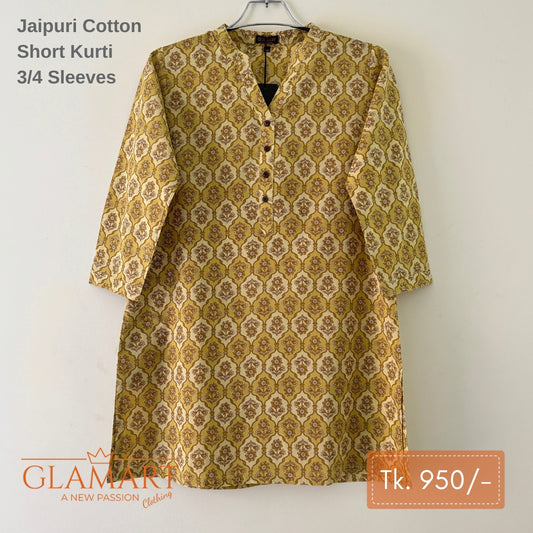 Jaipuri Cotton Short Kurti – Ochre Yellow Traditional Motifs Print