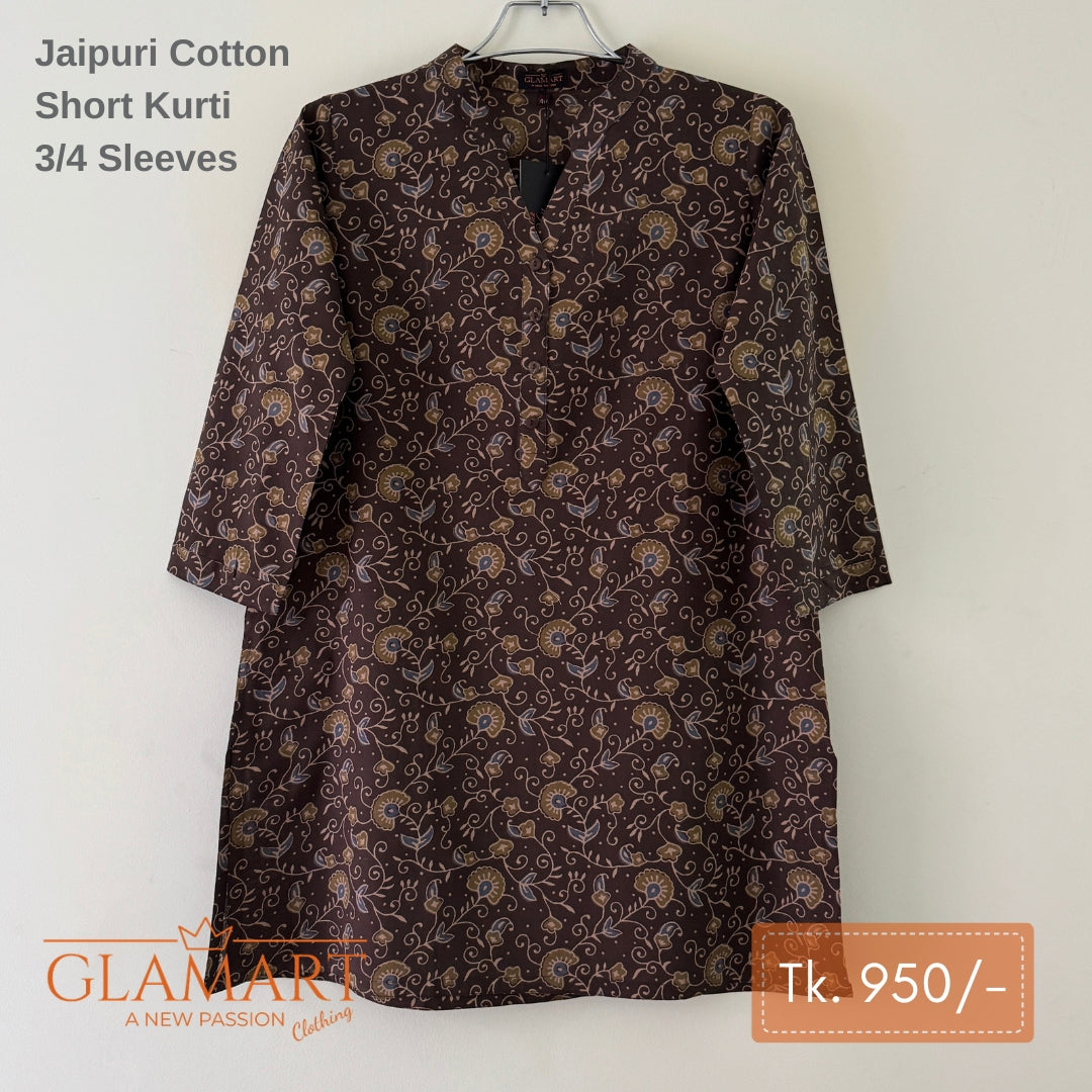 Jaipuri Cotton Short Kurti – Dark Brown Floral Print