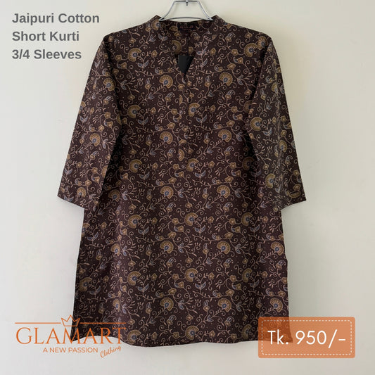 Jaipuri Cotton Short Kurti – Dark Brown Floral Print