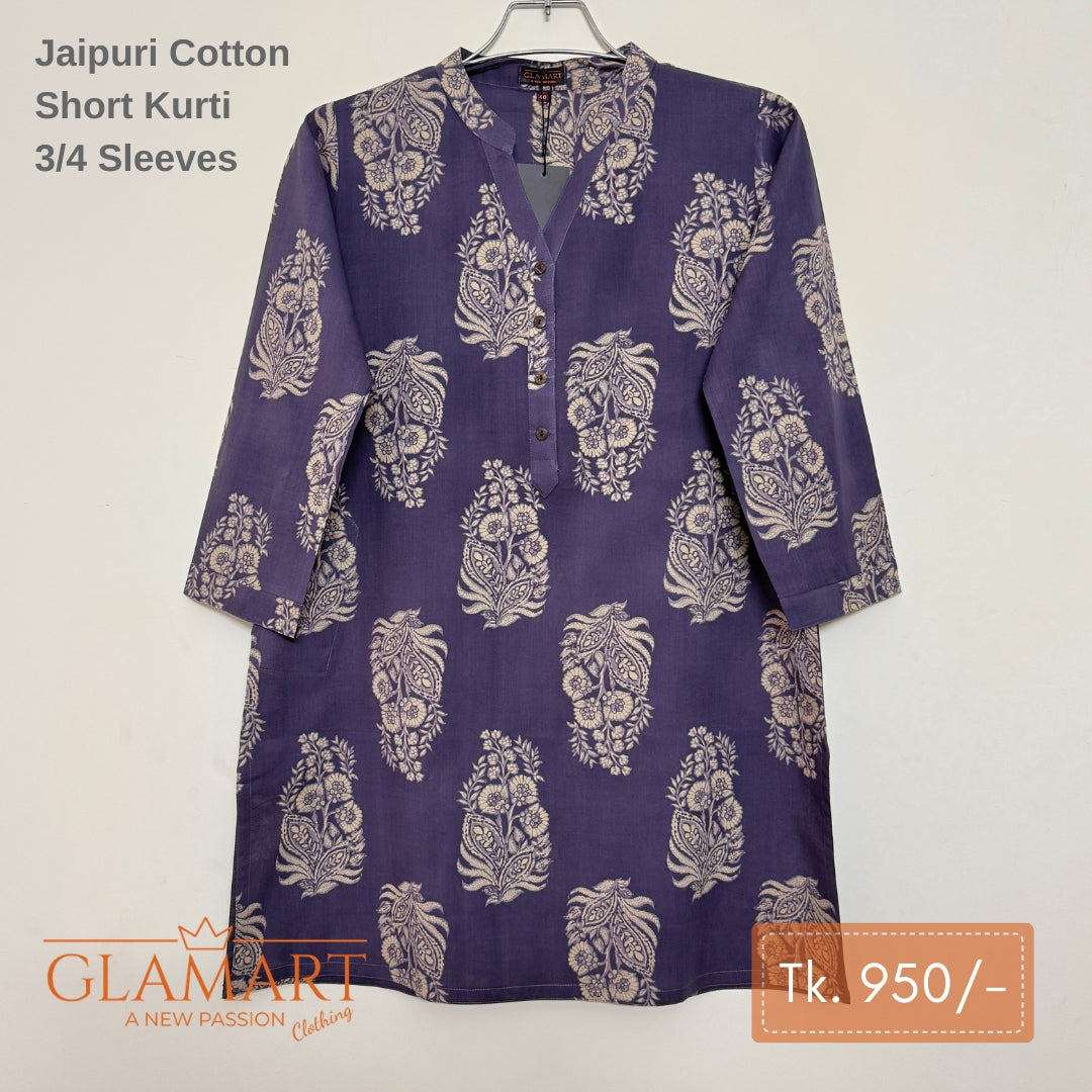 Jaipuri Cotton Short Kurti – Indigo Blue Floral Print