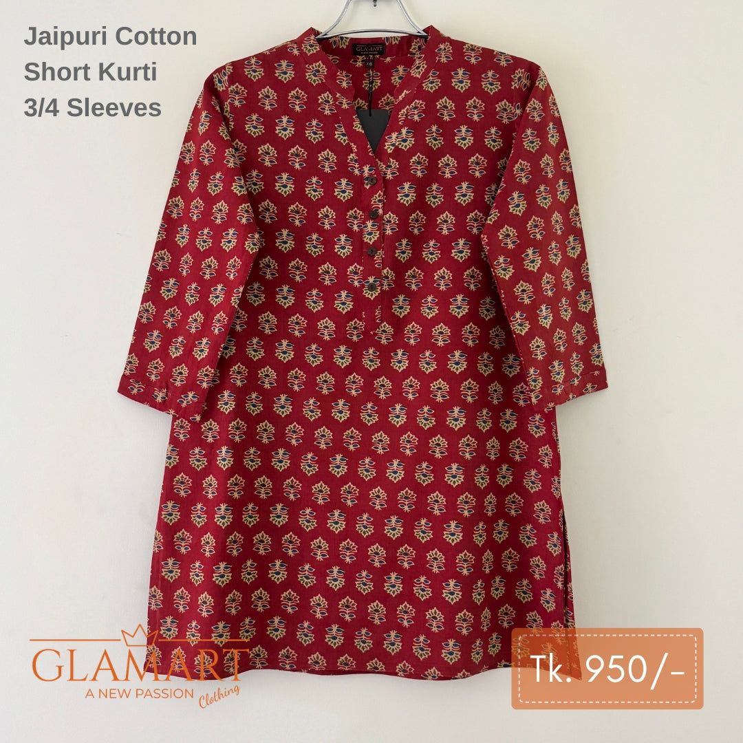 Jaipuri Cotton Short Kurti – Maroon Red Floral Print