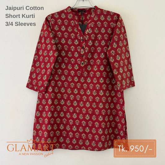 Jaipuri Cotton Short Kurti – Maroon Red Floral Print