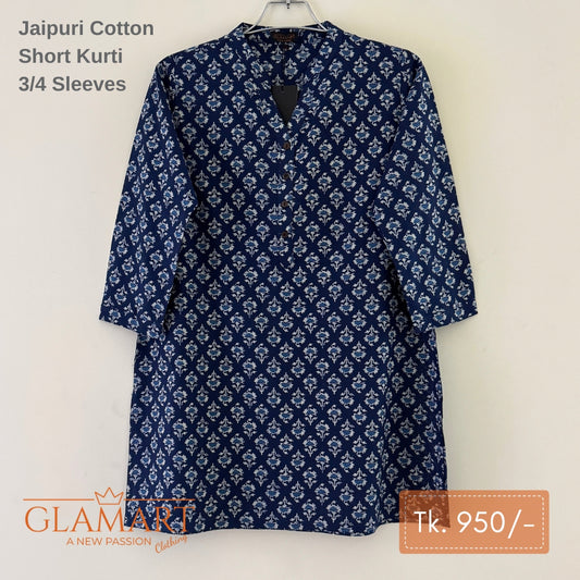 Jaipuri Cotton Short Kurti – Navy Blue Floral Motif Print