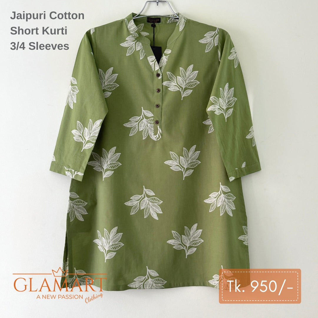 Jaipuri Cotton Short Kurti – Olive Green Leaf Print