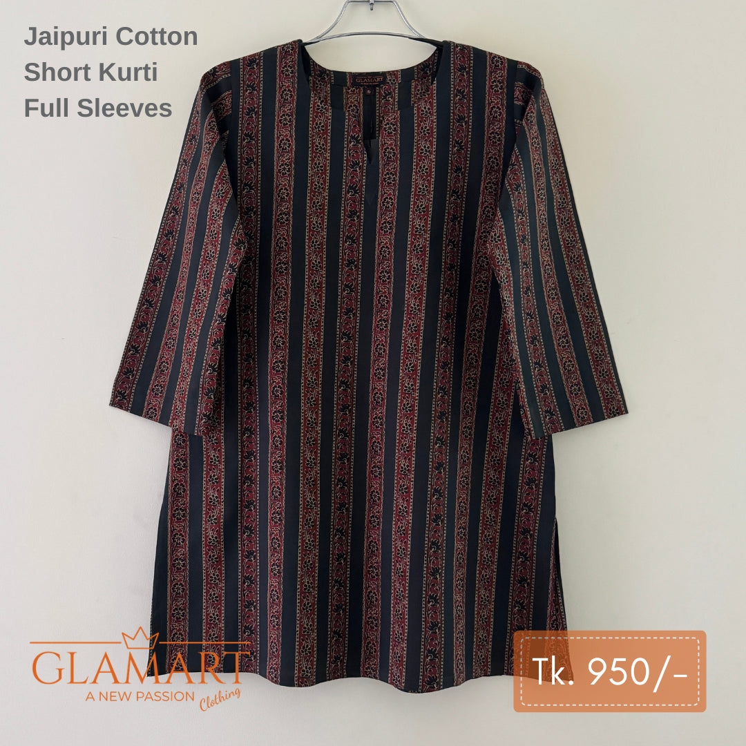 Jaipuri Cotton Short Kurti - Dark Green & Maroon Stripe