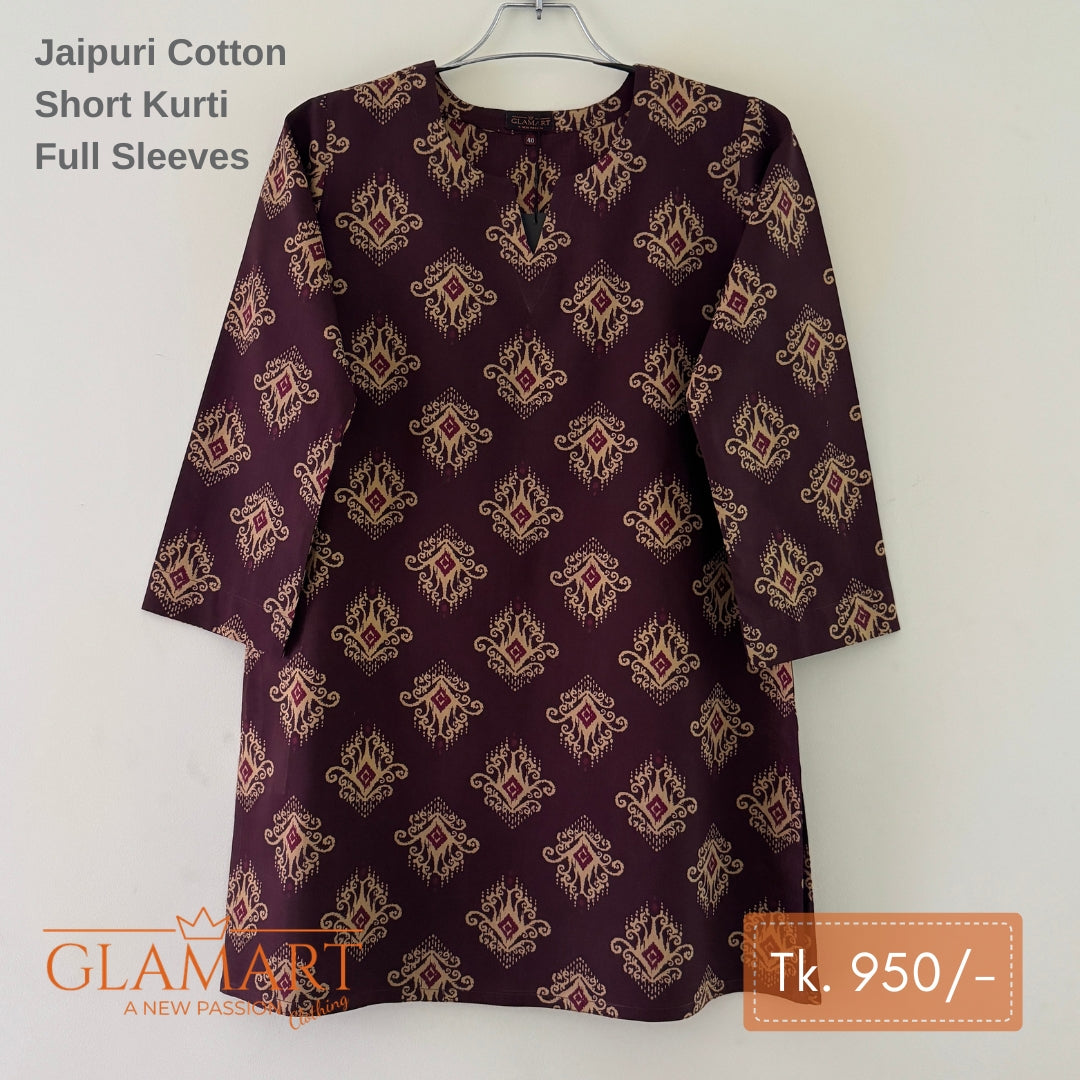 Jaipuri Cotton Short Kurti - Deep Burgundy Traditional Motif