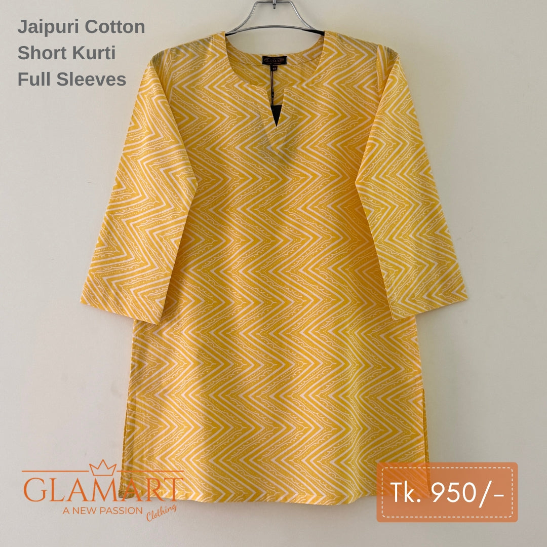 Jaipuri Cotton Short Kurti - Bright Yellow Chevron