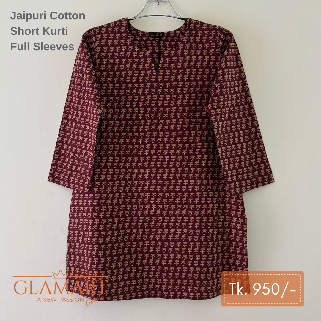 Jaipuri Cotton Short Kurti - Dark Maroon & Mustard Floral Booti