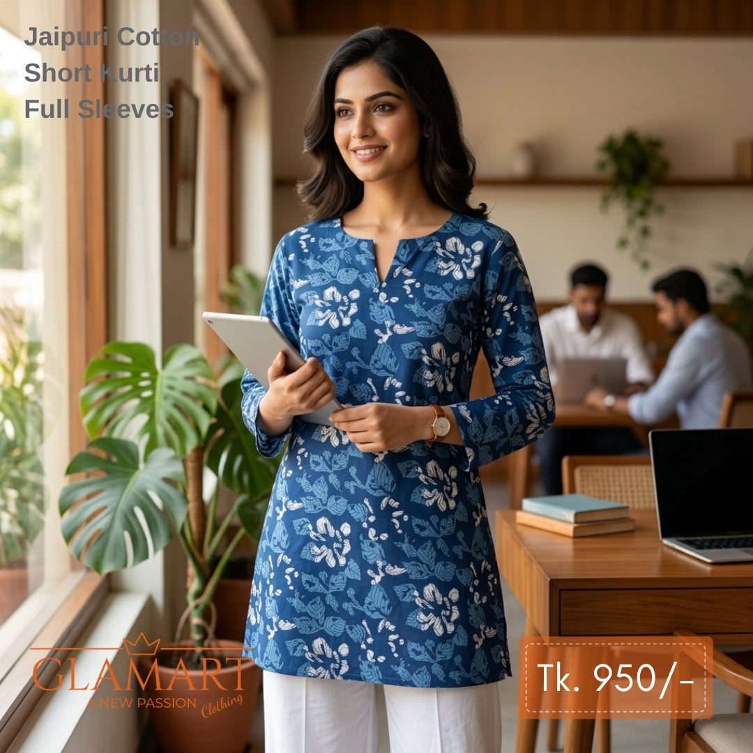 Jaipuri Cotton Short Kurti - Blue & White Leafy Floral Print