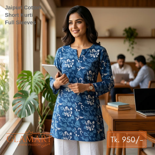 Jaipuri Cotton Short Kurti - Blue & White Leafy Floral Print