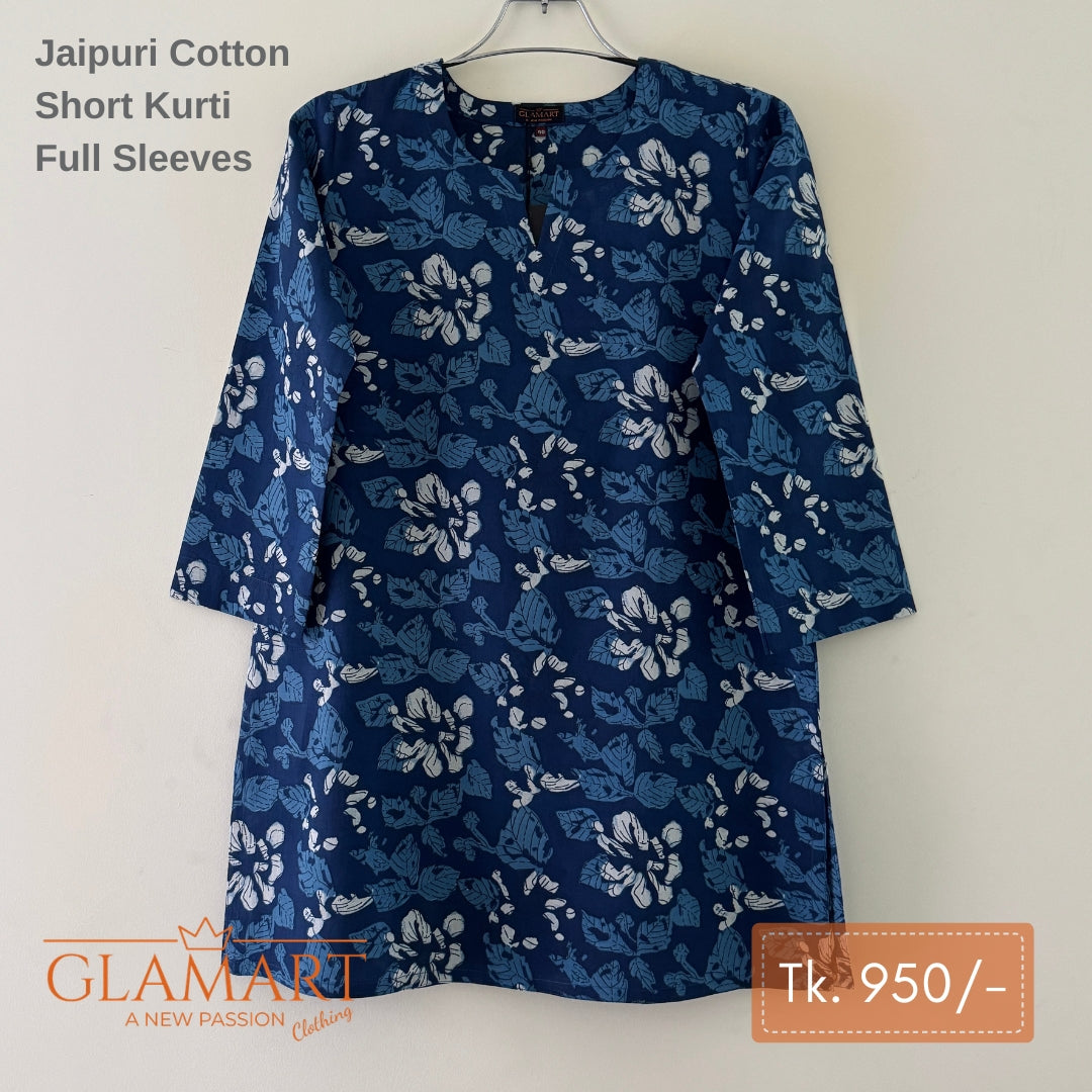 Jaipuri Cotton Short Kurti - Blue & White Leafy Floral Print
