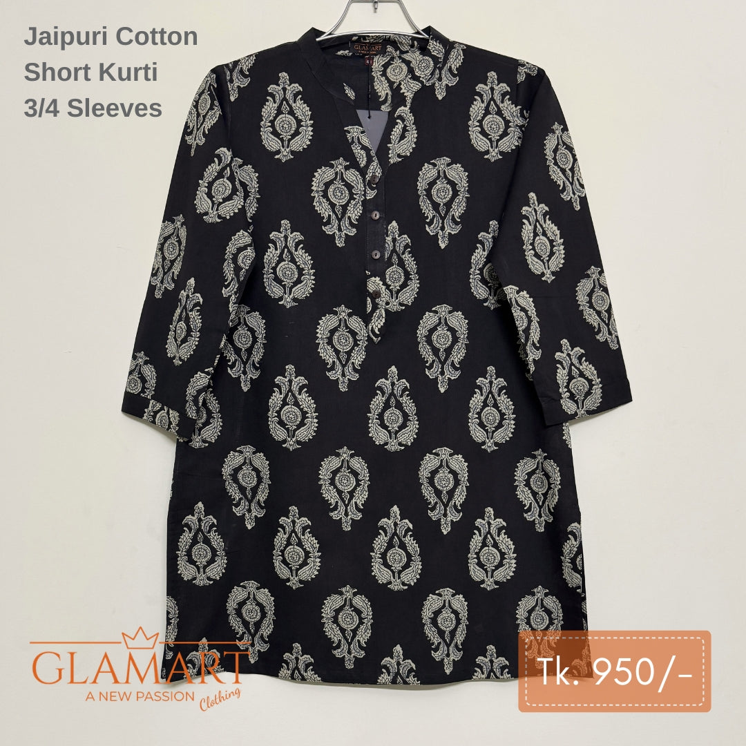Jaipuri Cotton Short Kurti – Black Paisley Print