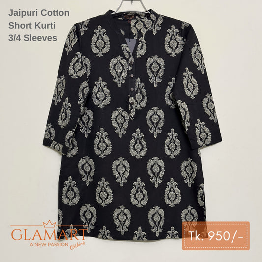 Jaipuri Cotton Short Kurti – Black Paisley Print