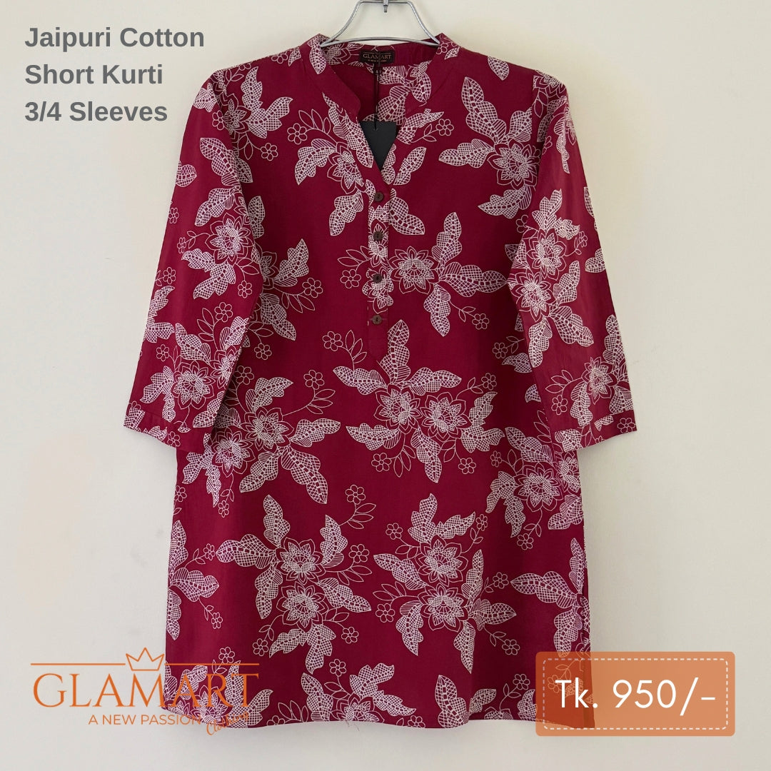 Jaipuri Cotton Short Kurti – Maroon Floral Print