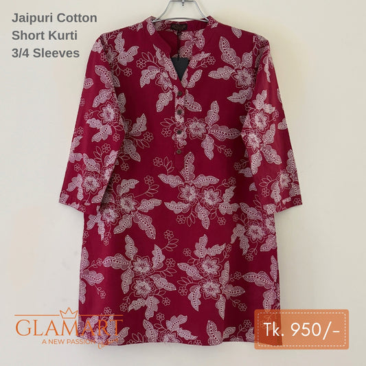 Jaipuri Cotton Short Kurti – Maroon Floral Print