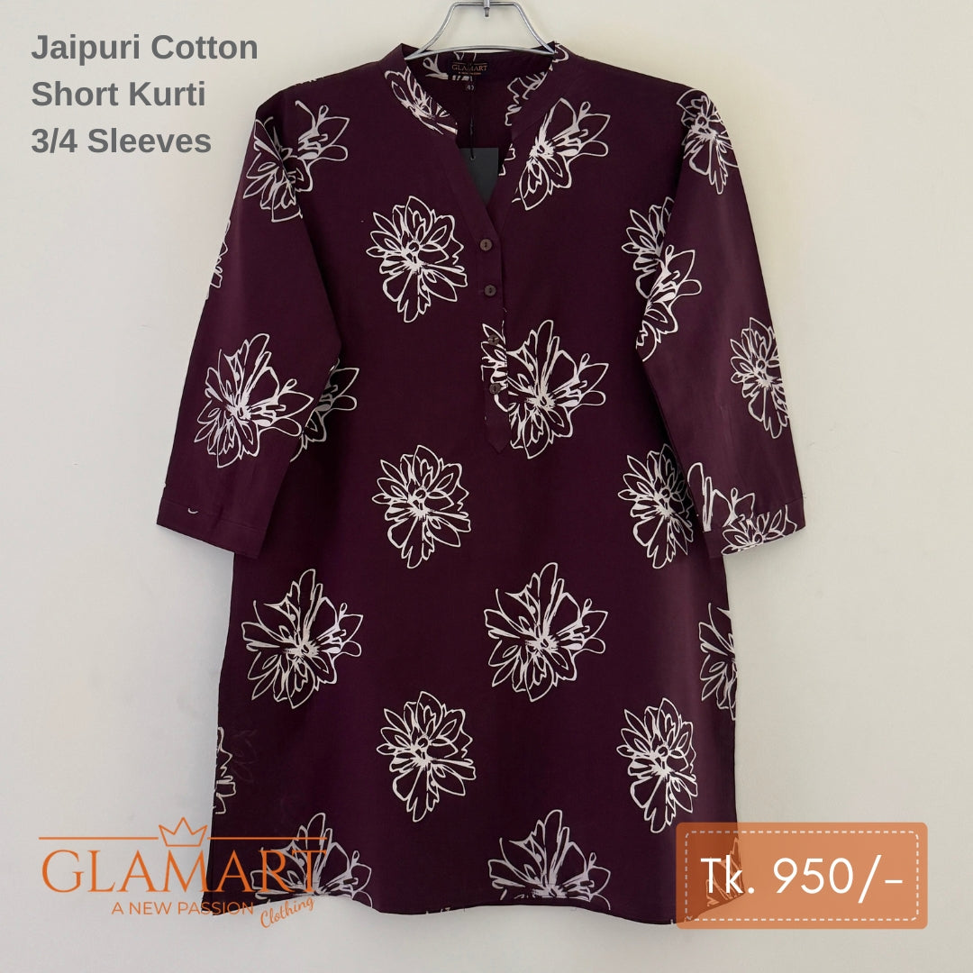Jaipuri Cotton Short Kurti – Dark Burgundy Floral Print
