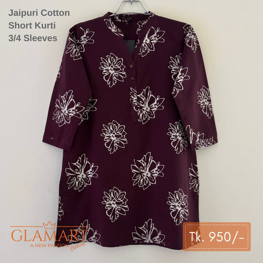 Jaipuri Cotton Short Kurti – Dark Burgundy Floral Print