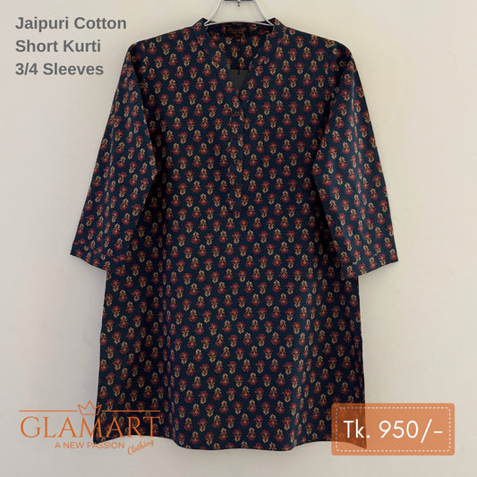 Jaipuri Cotton Short Kurti – Dark Navy Floral Butti Print