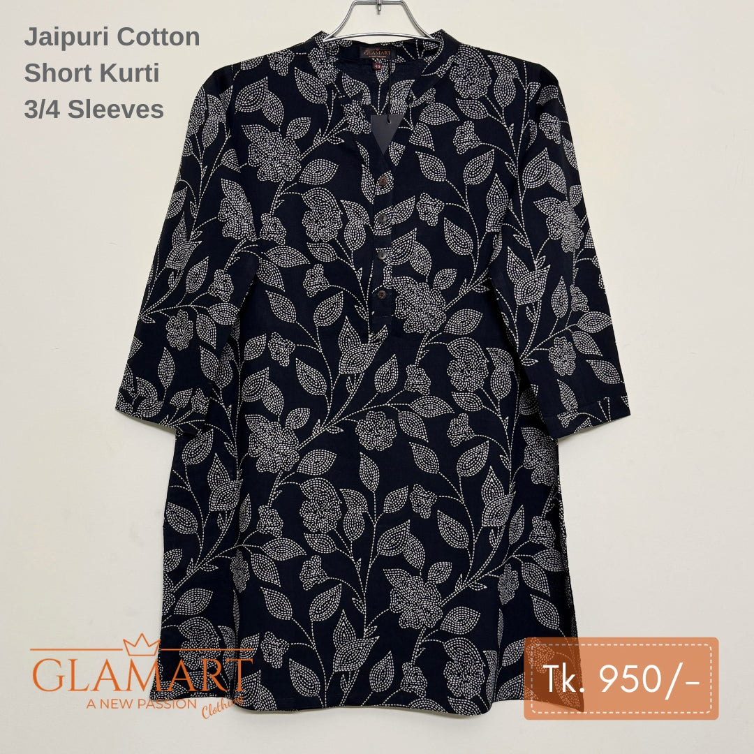 Jaipuri Cotton Short Kurti – Black Floral Print