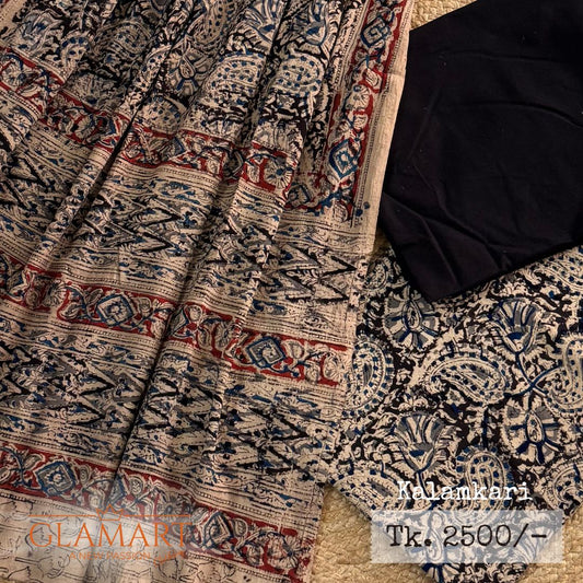 Kalamkari Black Blue Cotton Unstitched Suits