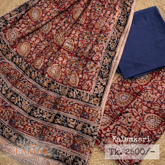 Kalamkari Blue Maroon Cotton Unstitched Suits