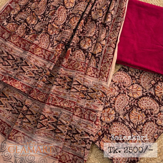 Kalamkari Burgundy Coffee Cotton Unstitched Suits