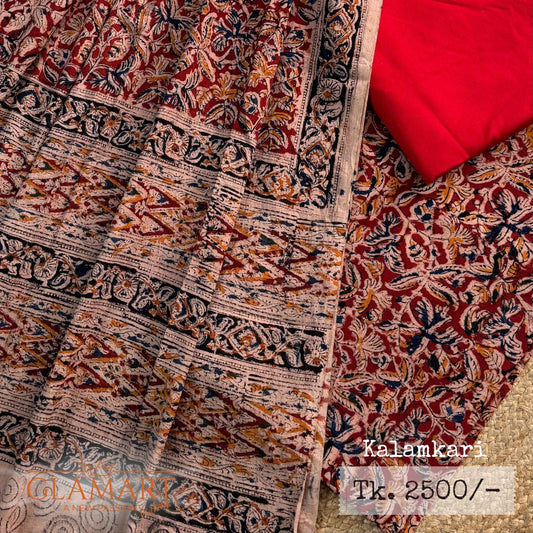 Kalamkari Orange Red Cotton Unstitched Suits