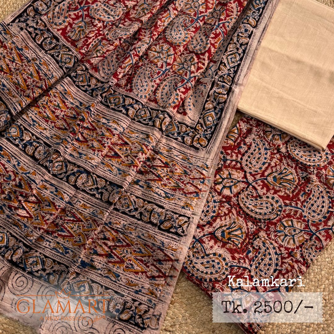 Kalamkari Cream Maroon Cotton Unstitched Suits