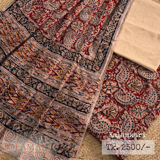 Kalamkari Cream Maroon Cotton Unstitched Suits